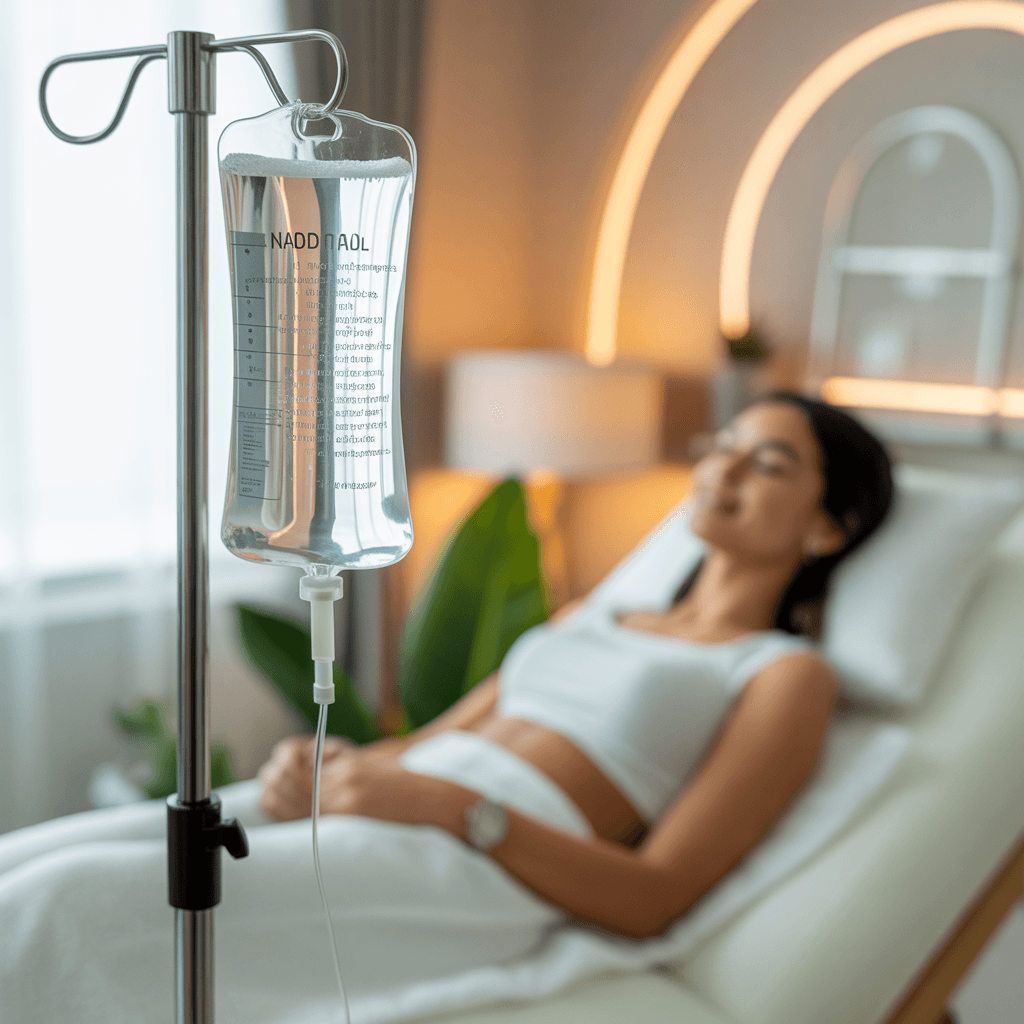 A NAD+ infusion bag on a stand with a woman resting on a treatment couch behind it