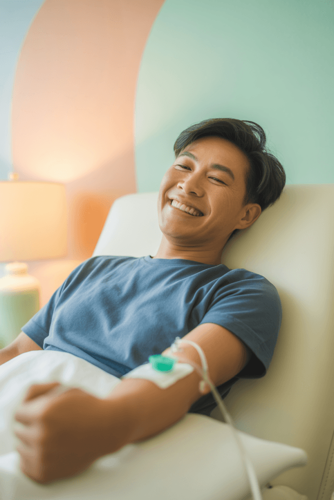 A man smiling in a treatment chair with an IV cannula taped to his arm