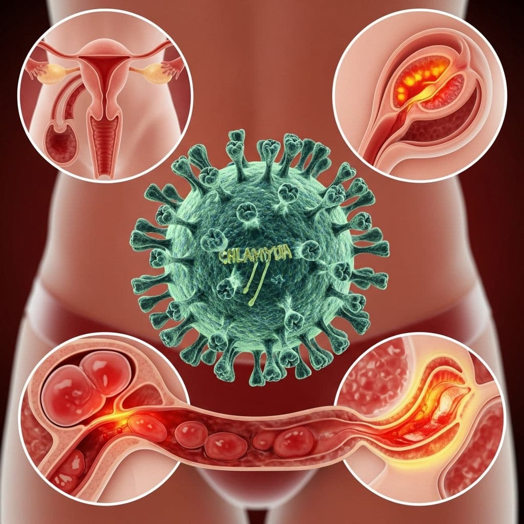 Medical illustration of a chlamydia bacterium over a torso, ringed by four inset diagrams of infected reproductive organs