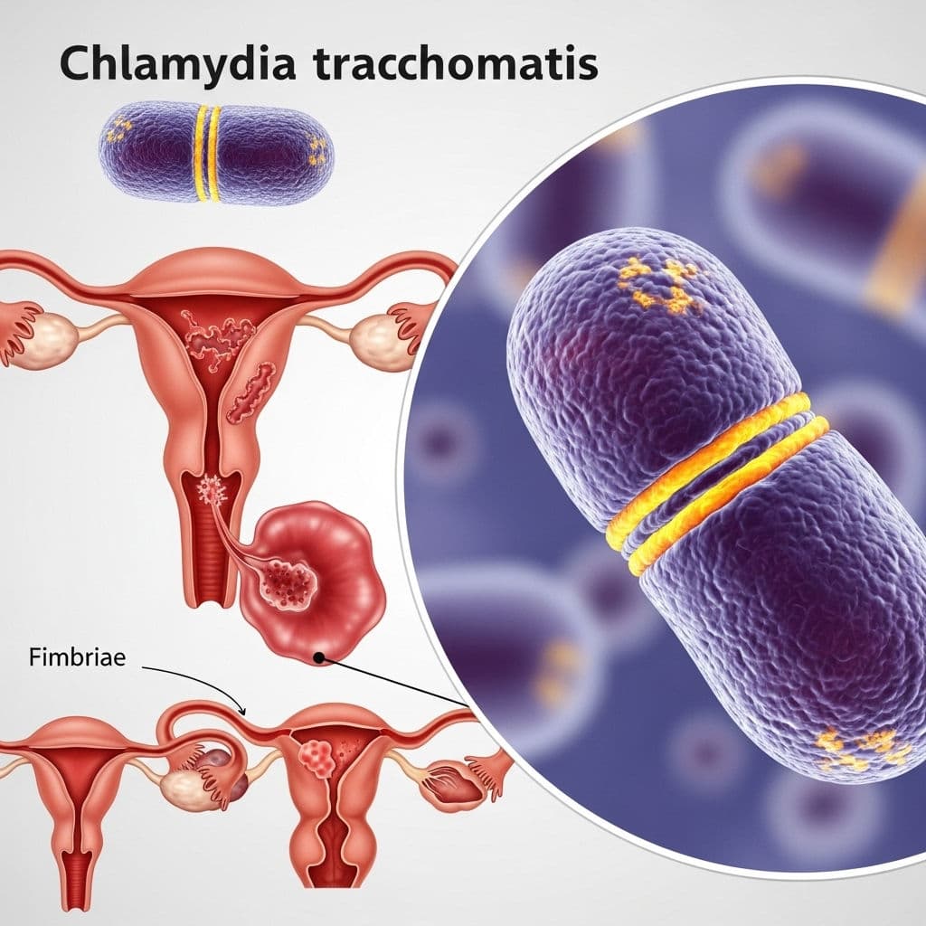 Illustration labelled "Chlamydia trachomatis" showing the bacterium magnified beside diagrams of an infected uterus and fimbriae