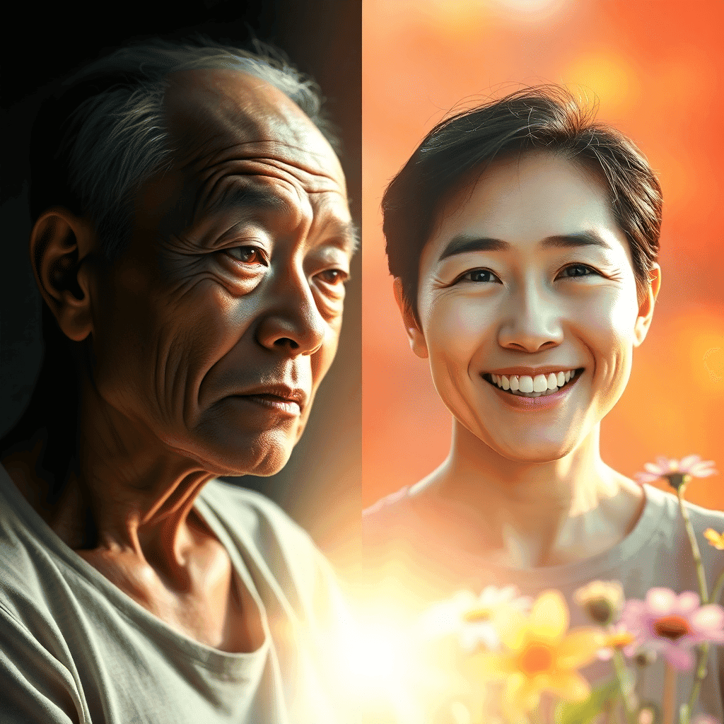 Split portrait contrasting a tired older man in shadow with a smiling woman in sunlight among flowers