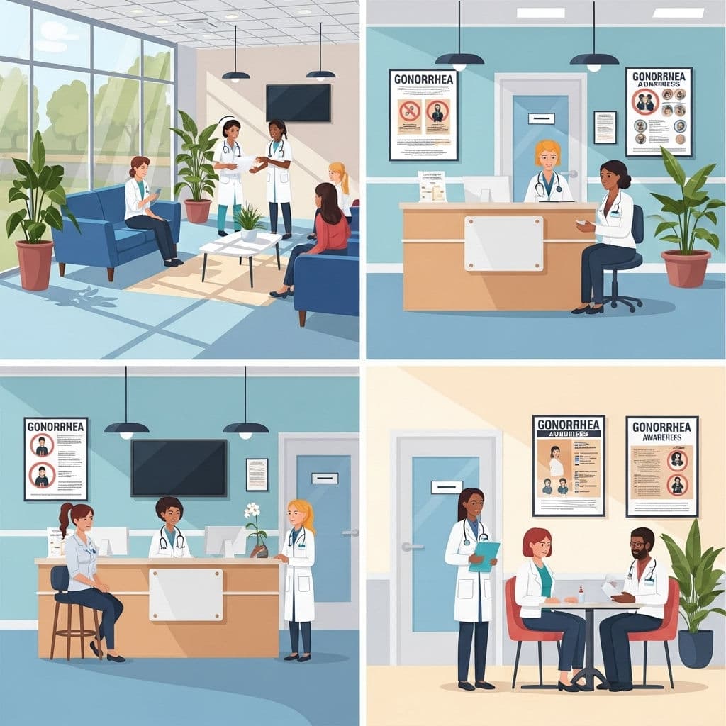 Four-panel illustration of clinic waiting rooms and reception desks with staff, patients and wall posters reading "Gonorrhea Awareness"