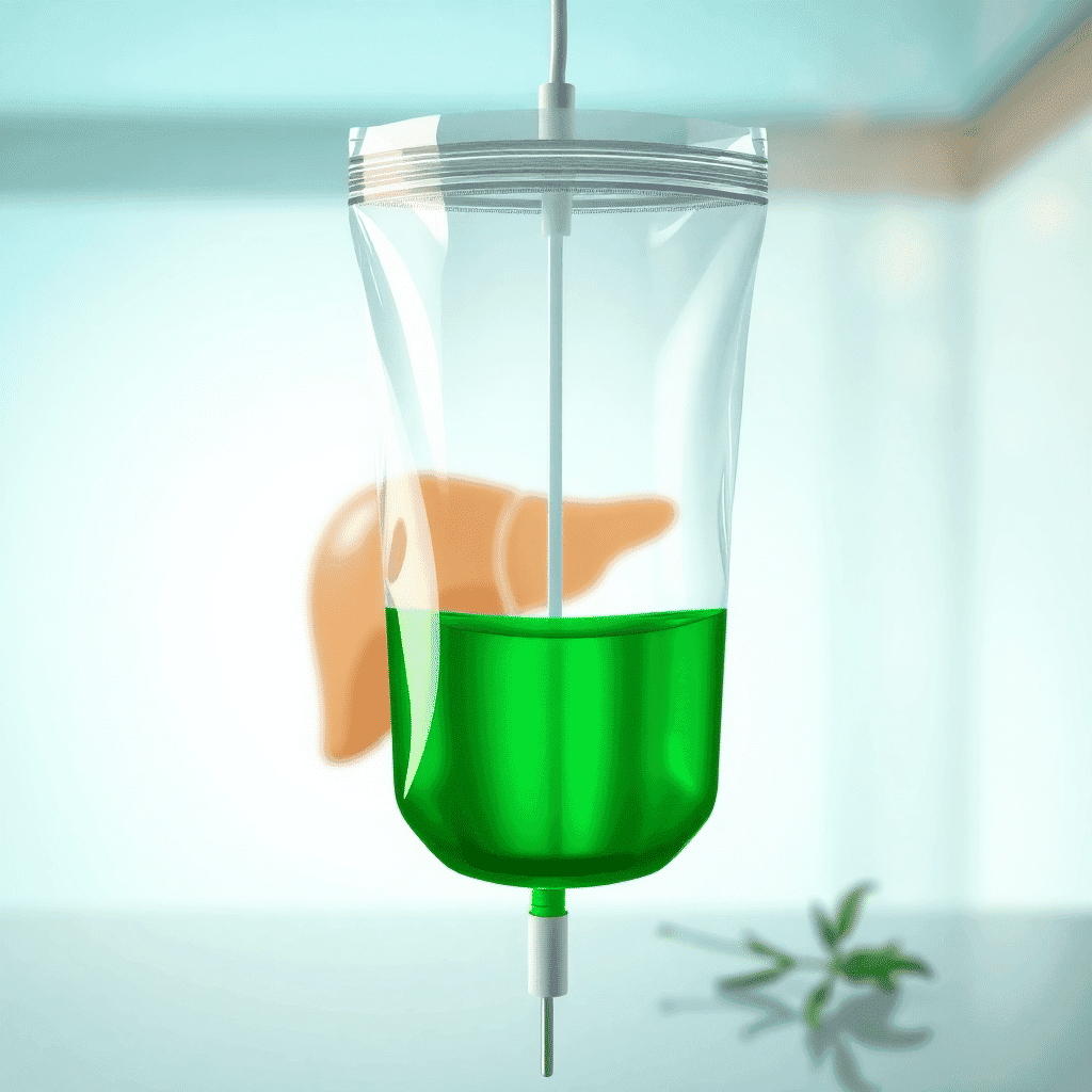 An IV drip bag of green fluid hanging in a bright room with a liver silhouette behind it