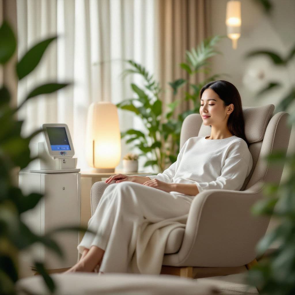 A woman resting with her eyes closed in a clinic recliner beside an infusion monitor