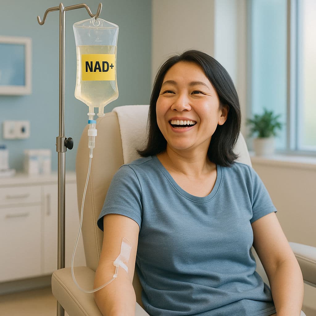 A smiling patient receiving a NAD+ drip from a bag on a stand in a clinic chair