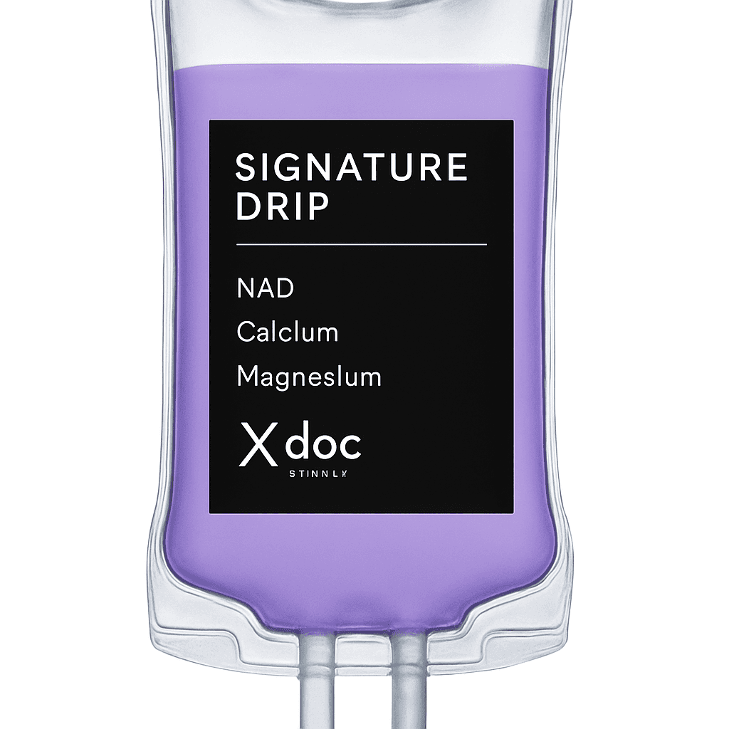 An IV bag labelled Signature Drip with NAD, calcium and magnesium