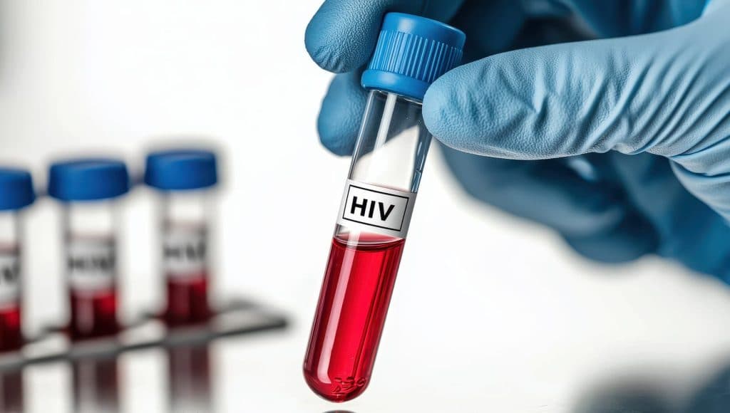 A blood sample in a test tube labelled for HIV testing