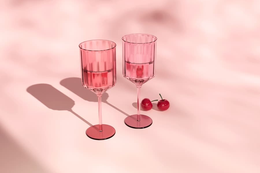 Two pink stemmed glasses beside a pair of cherries