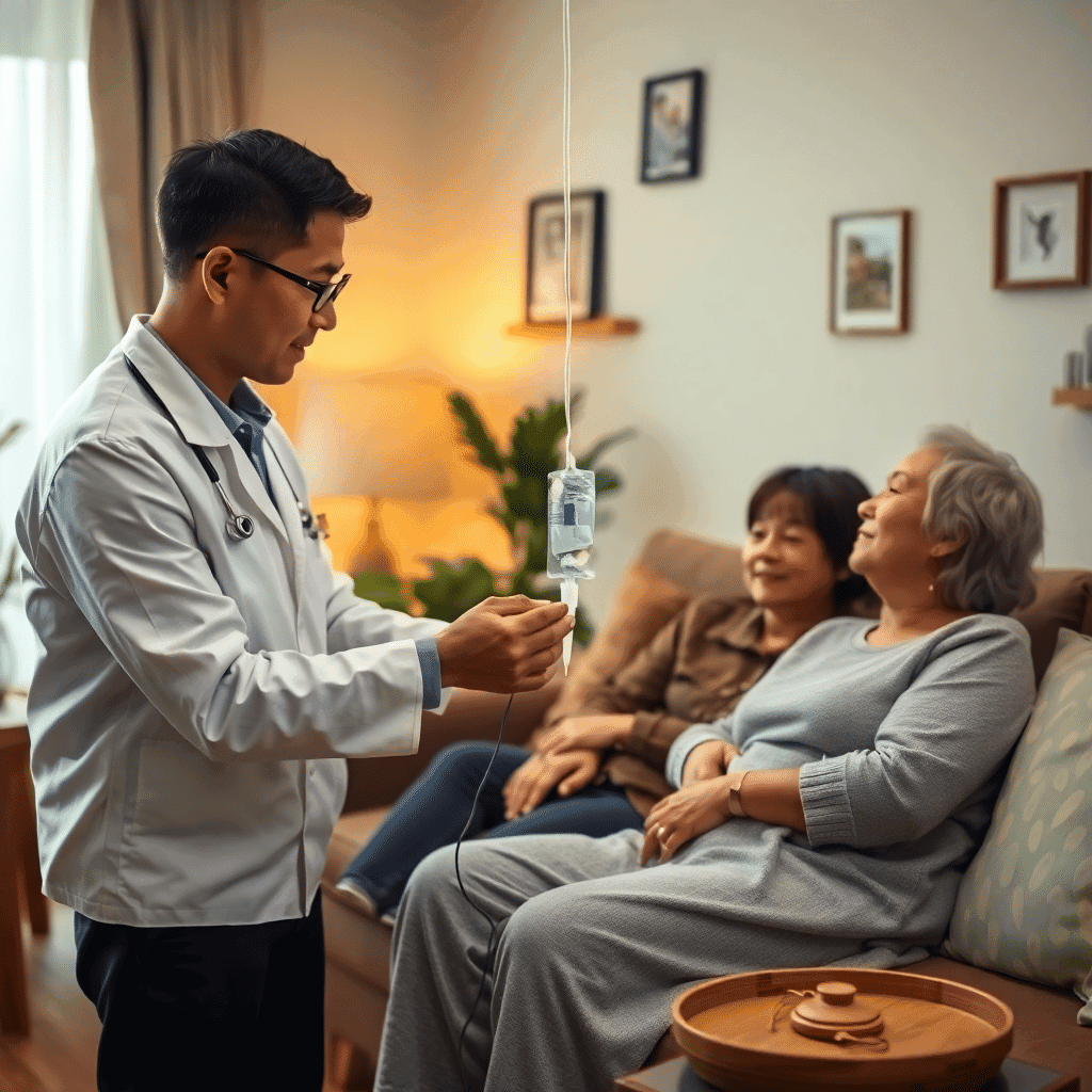 A doctor in a white coat setting up an IV drip for an older woman resting on a living-room sofa