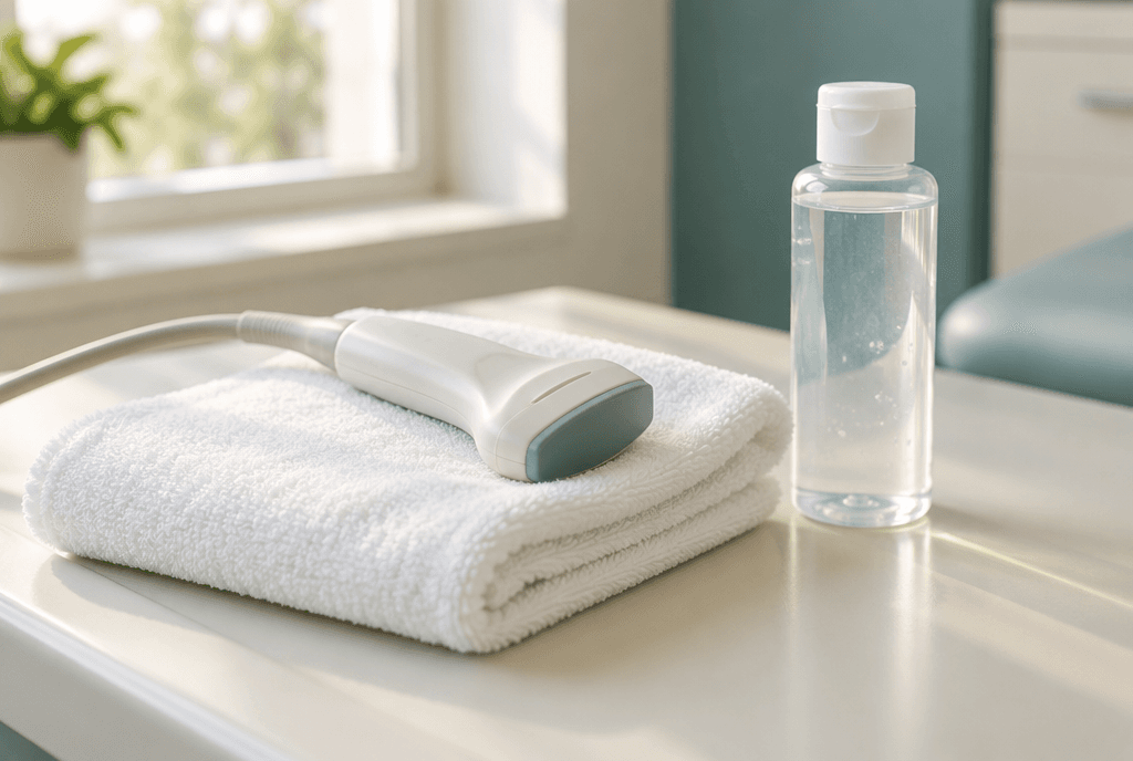 An ultrasound probe resting on a folded white towel beside a bottle of clear gel.