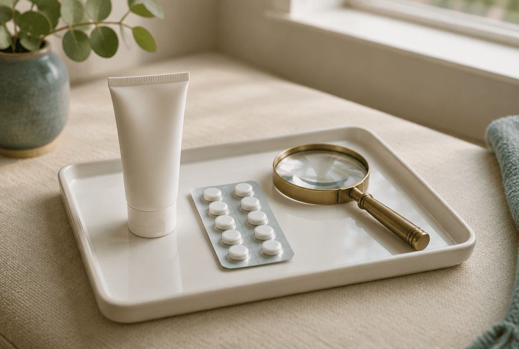 A plain tube of cream and a blister pack of tablets on a white tray beside a magnifying glass.