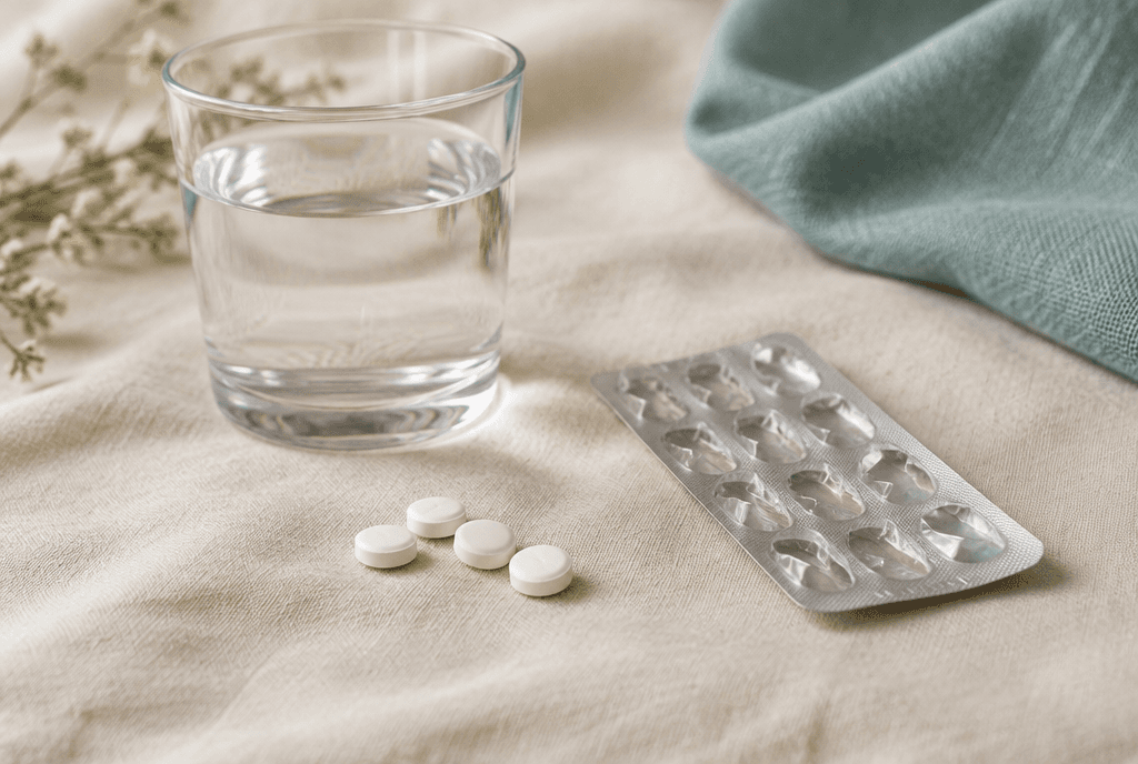 A few loose white tablets beside an empty blister pack and a glass of water.