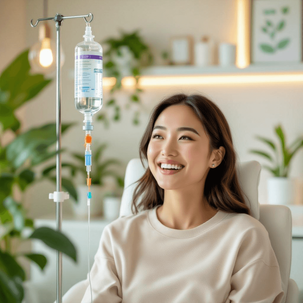 A woman smiling beside an IV drip stand in a plant-filled treatment room