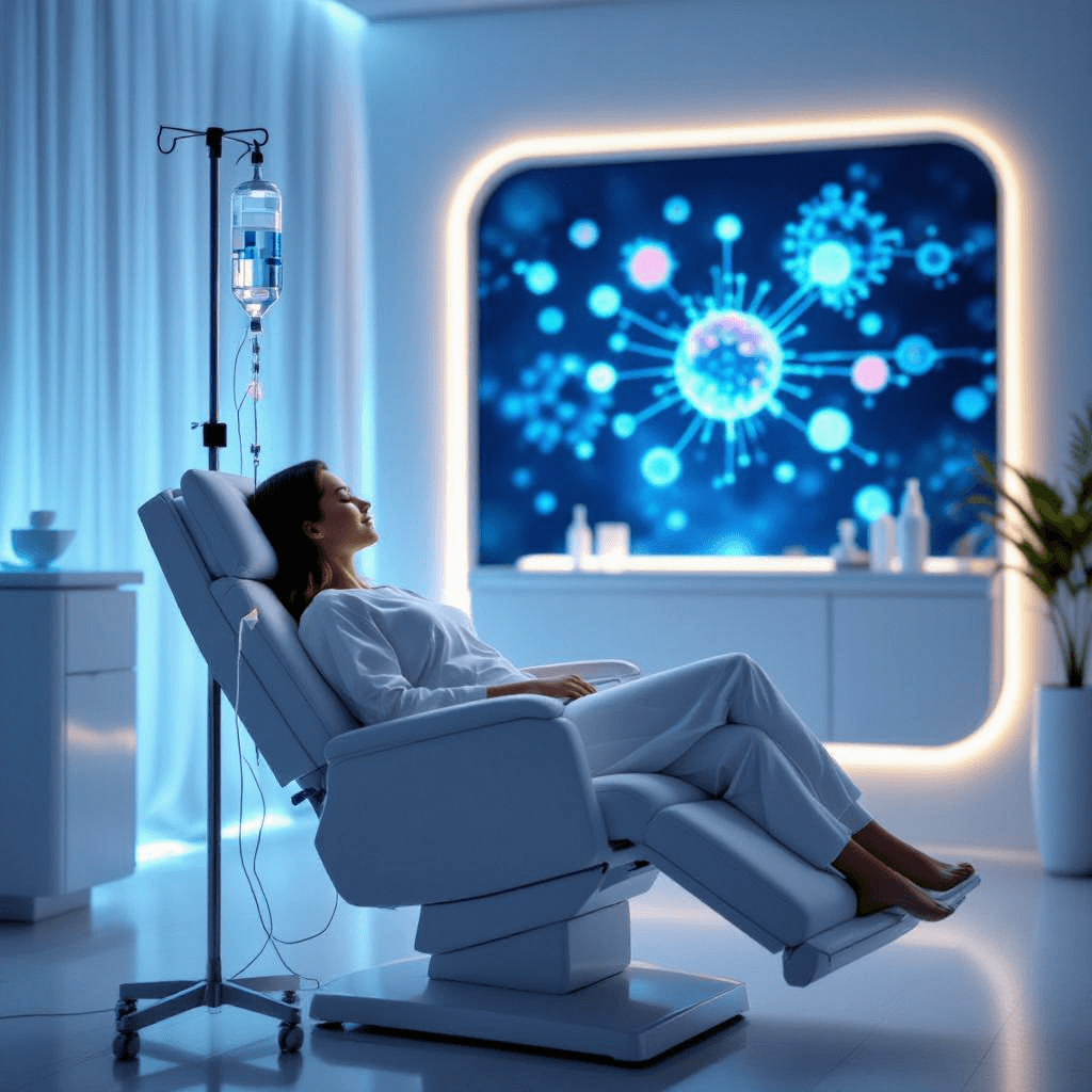 A woman reclining for an exosome infusion in a blue-lit wellness room