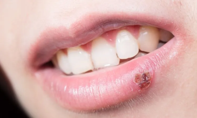 Close-up of a mouth with a scabbed cold sore on the lower lip