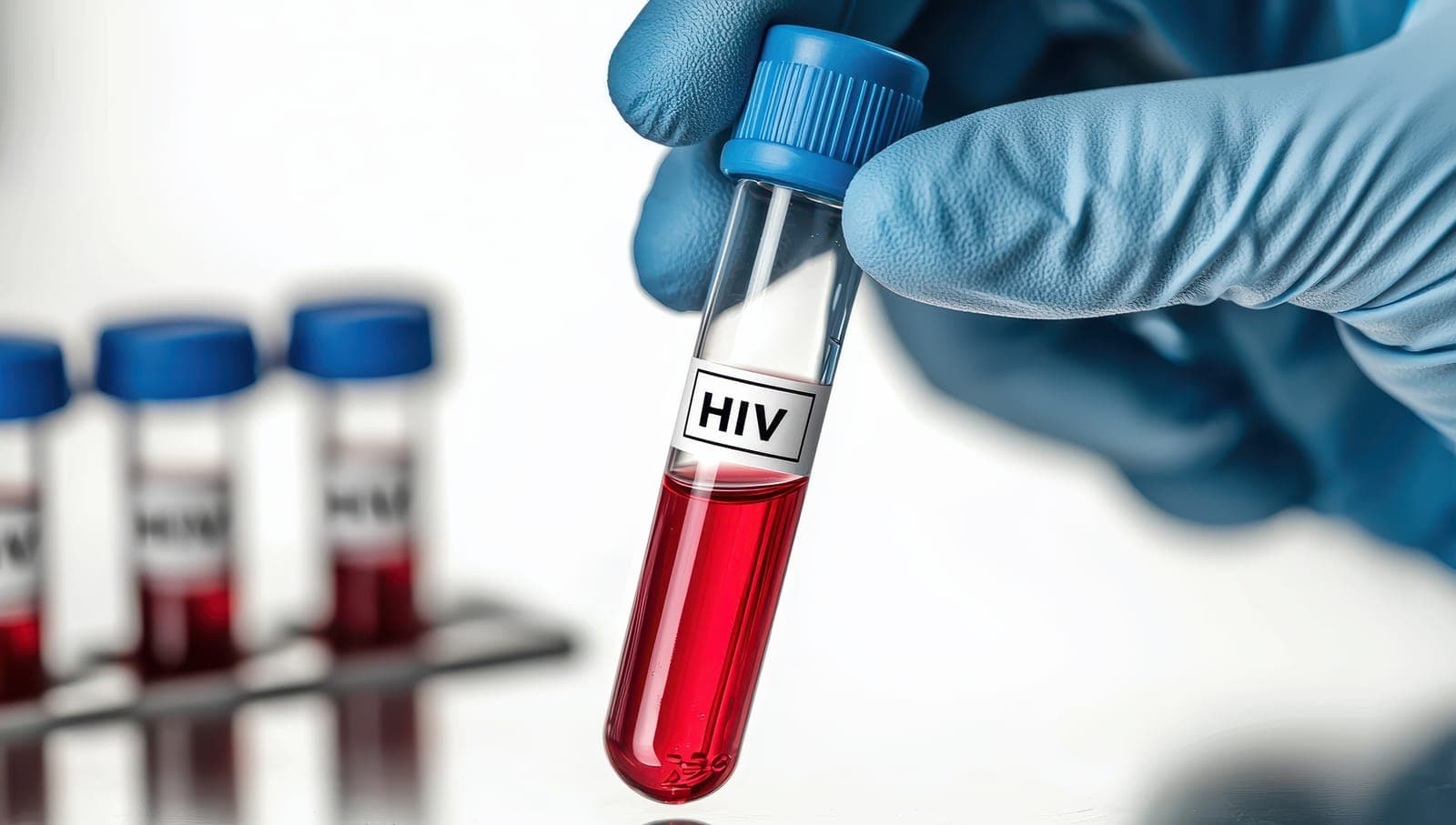 戴蓝色手套的手拿着标有「HIV」的血液样本试管,后方摆放着其他采血管