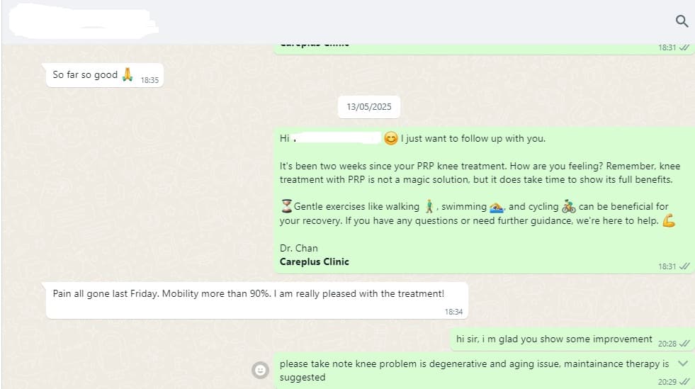 A WhatsApp exchange in which a patient reports their knee pain gone and mobility above 90% two weeks after PRP treatment