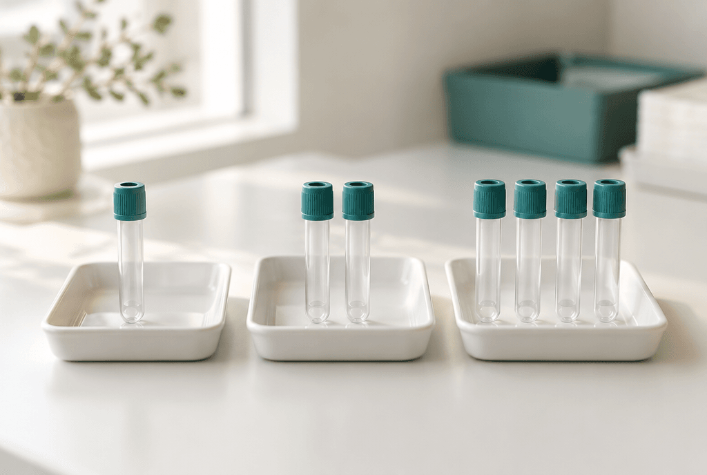 Three white trays in a row holding one, two and four empty blood collection tubes.