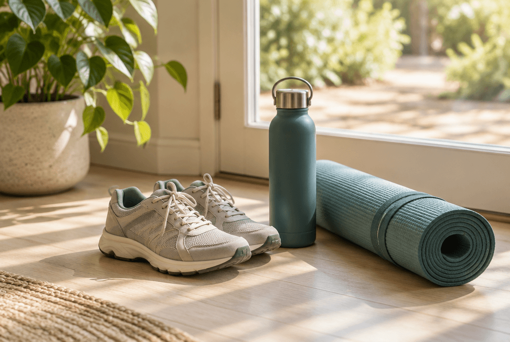 Walking shoes, a water bottle and a rolled yoga mat by a sunlit doorway.